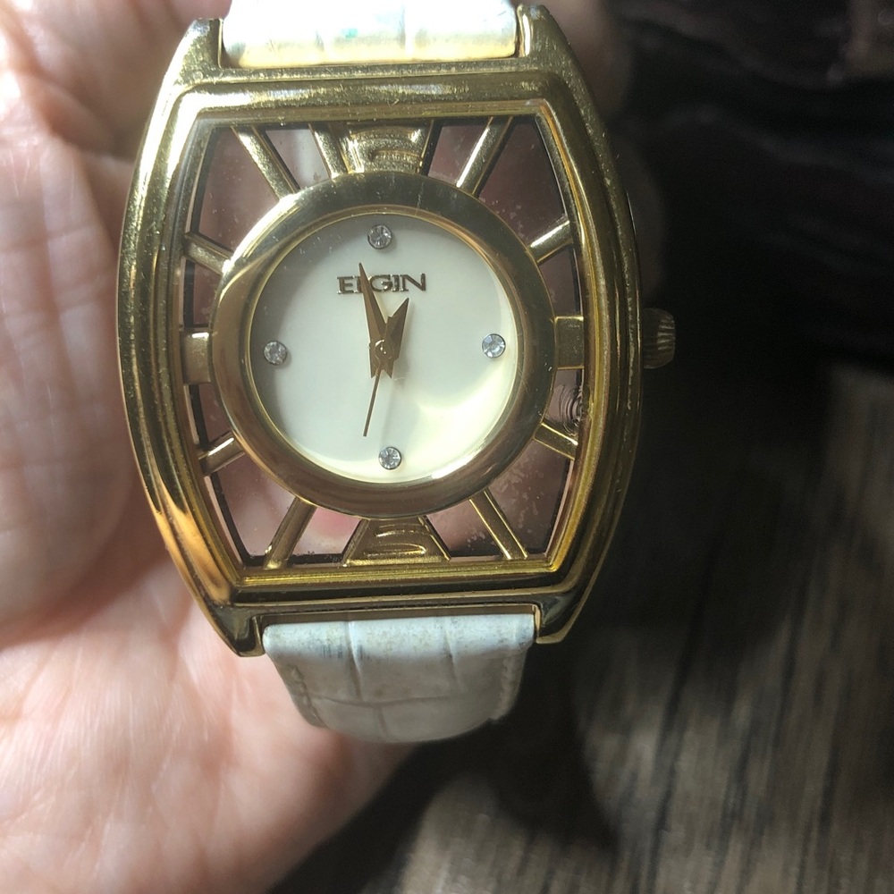 Elgin Women's Gold-Tone Open Frame Watch with White Strap